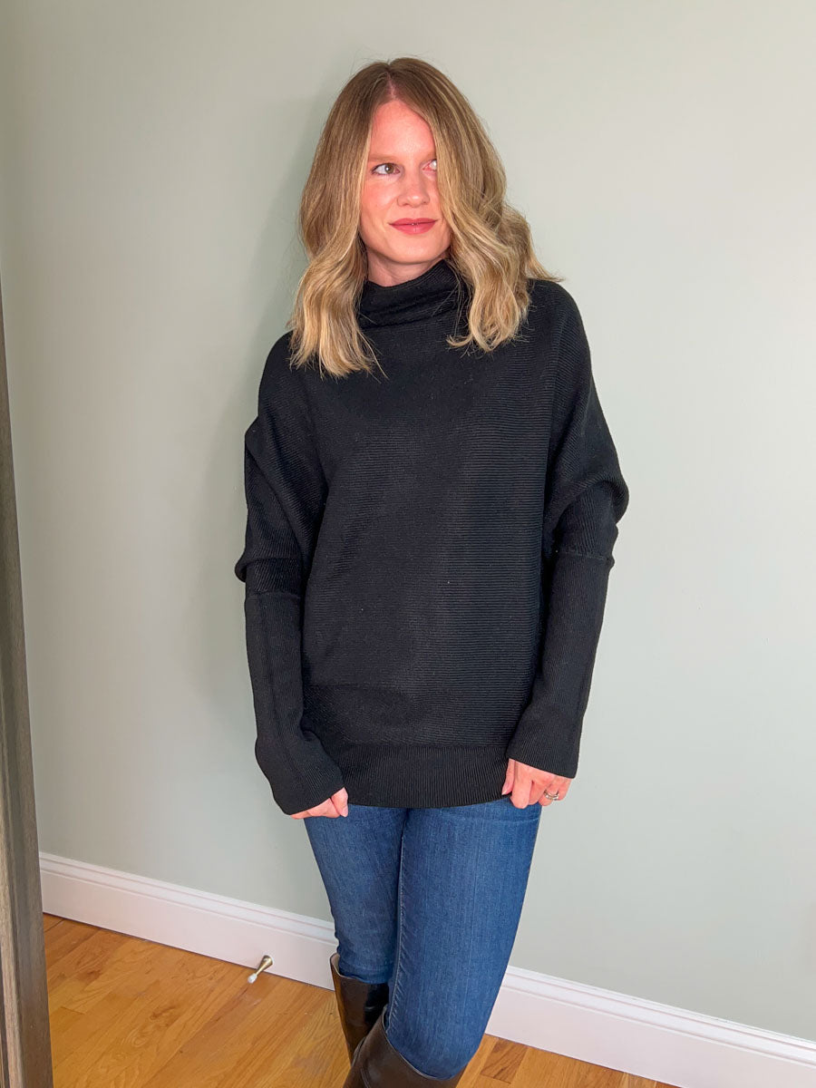 Black Dolman Sweater Top with High Neck