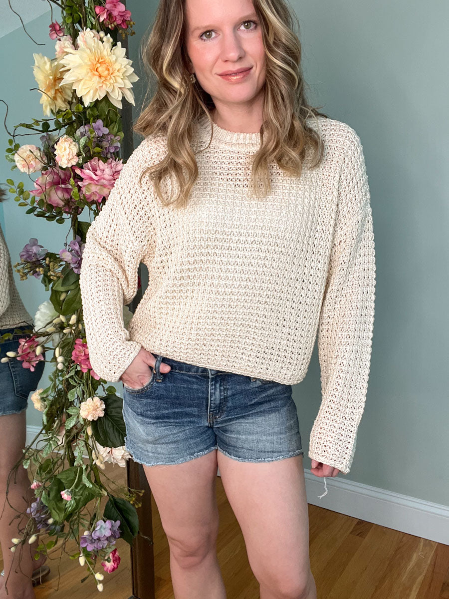 Open Knitted Crew Neck Pullover Sweater in Natural