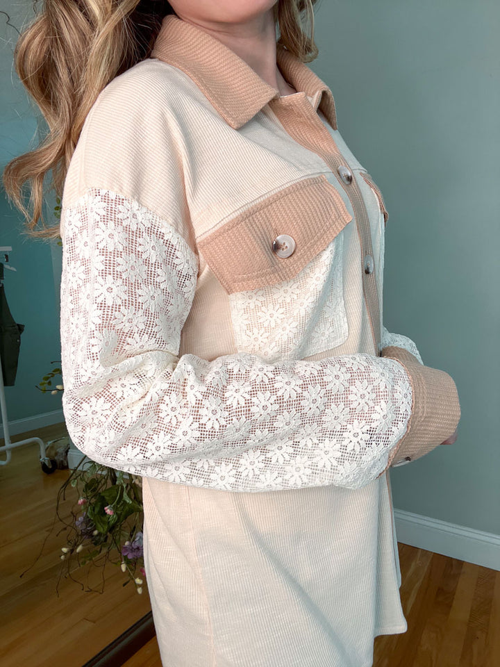 Floral Lace Sleeve Mixed Media Shacket in Taupe