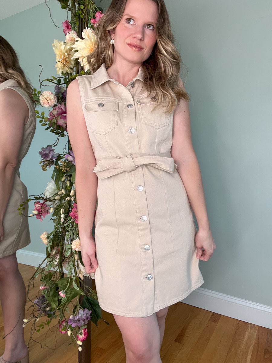 Belted Button Down Denim Dress in Taupe