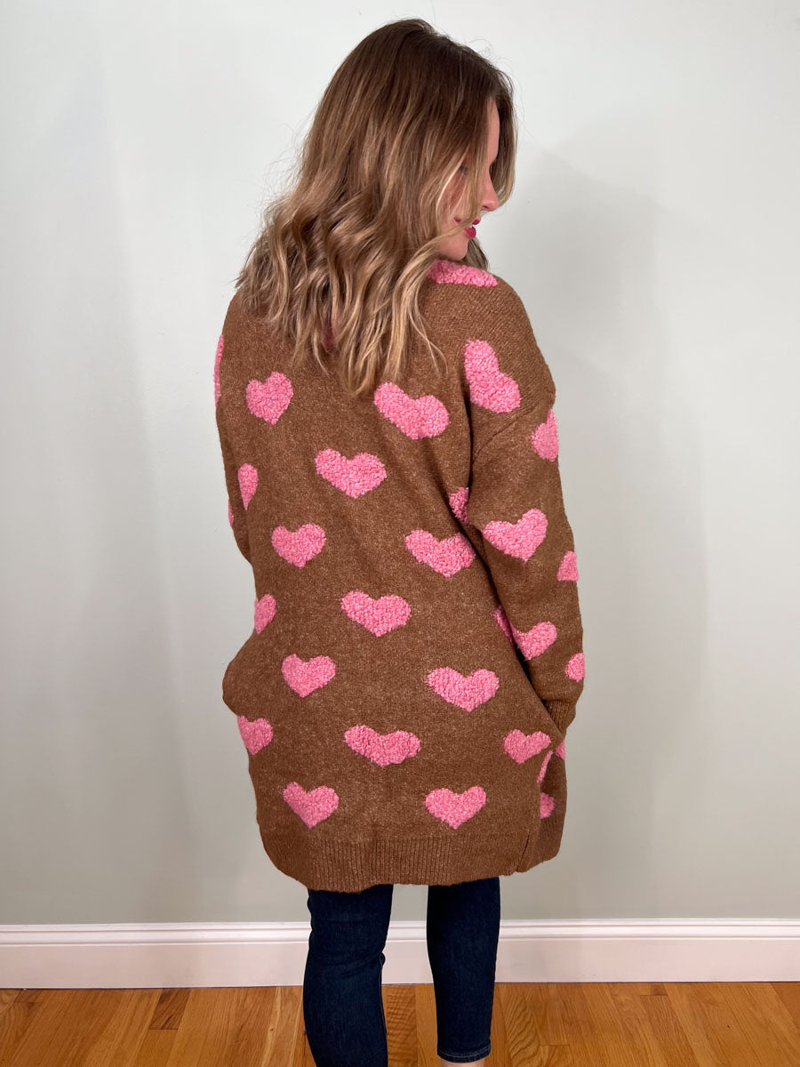 Fuzzy heart cardigan sweater in mocha