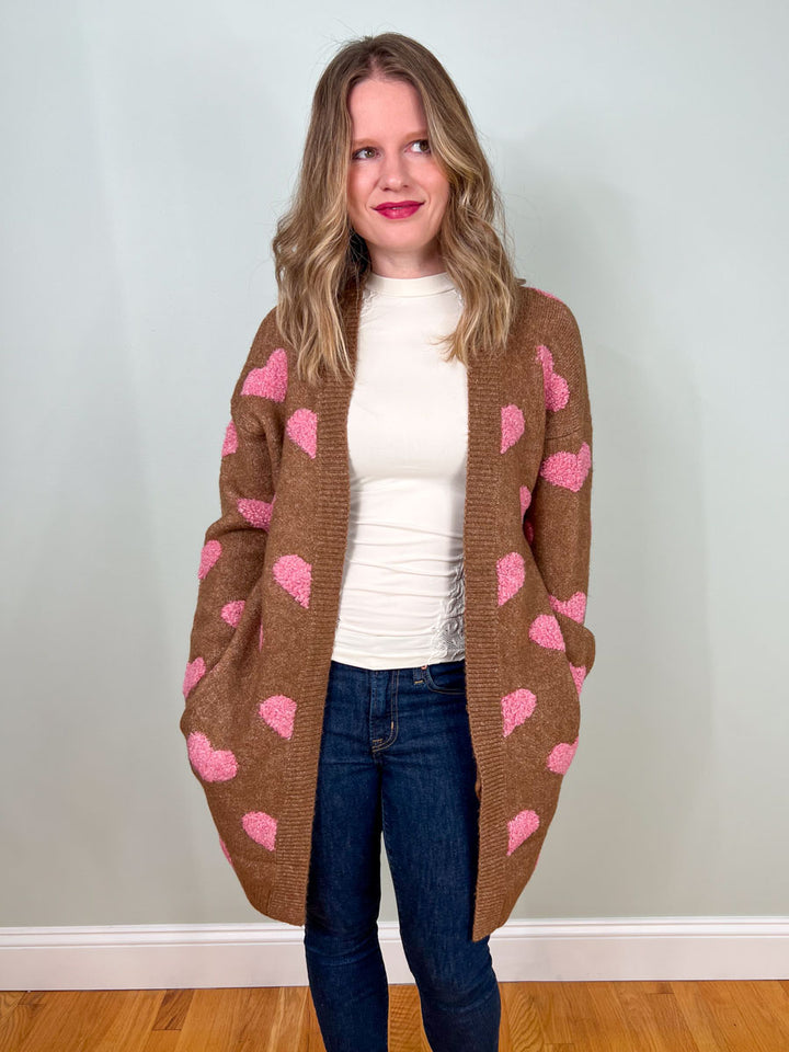 Fuzzy heart cardigan sweater in mocha