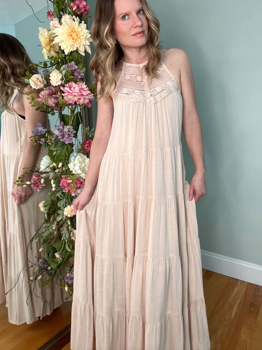 Natural Tiered Maxi Dress with Lace Halter Neck