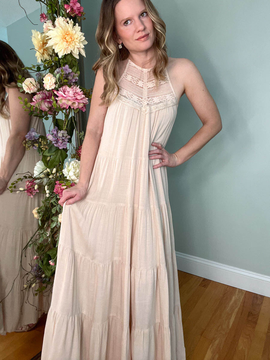 Natural Tiered Maxi Dress with Lace Halter Neck