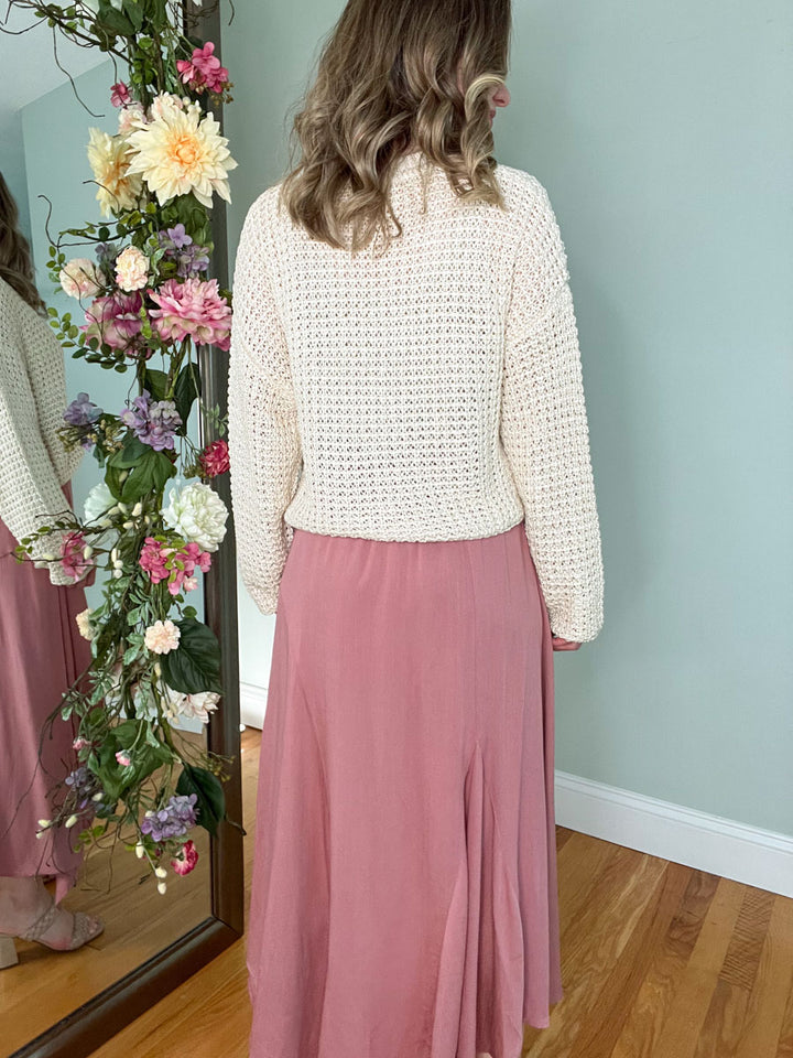 Rose Pink Asymmetrical High Low Midi Skirt with Ruffle Hem