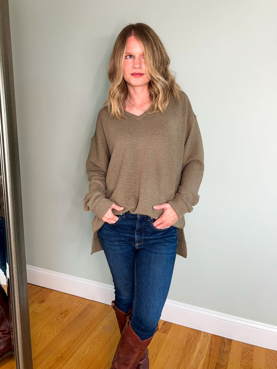 Thread and Supply Adelynn Top | Women's V neck Sweater | Olive Green