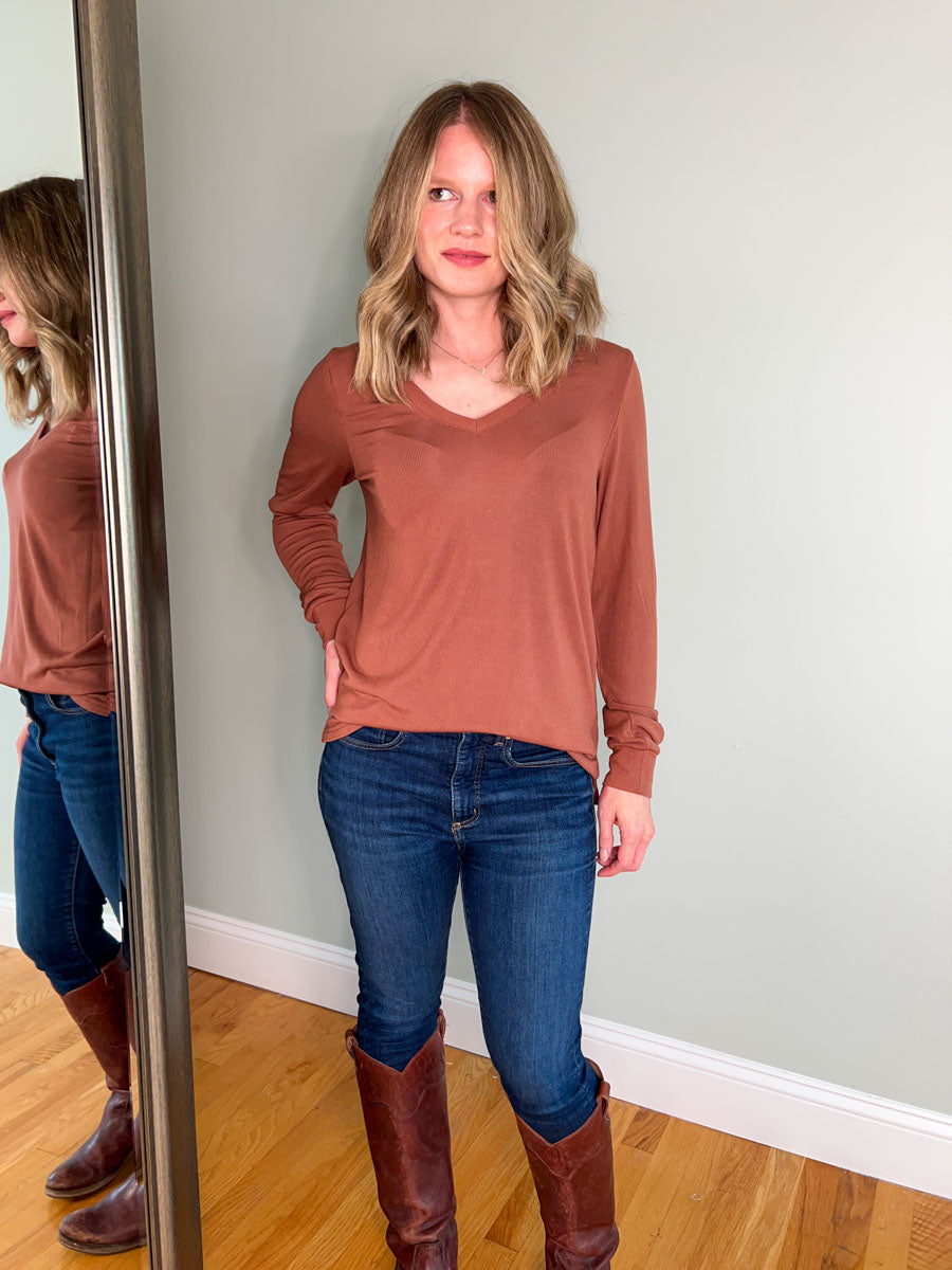 Thread and Supply Shannon Top Cognac | Women's Long Sleeve V-neck Top in Rust