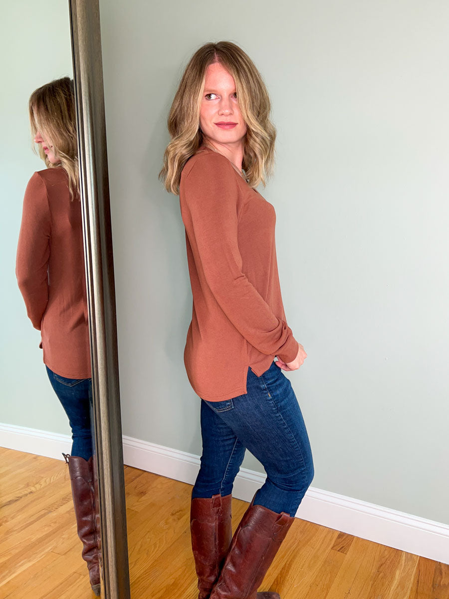 Thread and Supply Shannon Top Cognac | Women's Long Sleeve V-neck Top in Rust