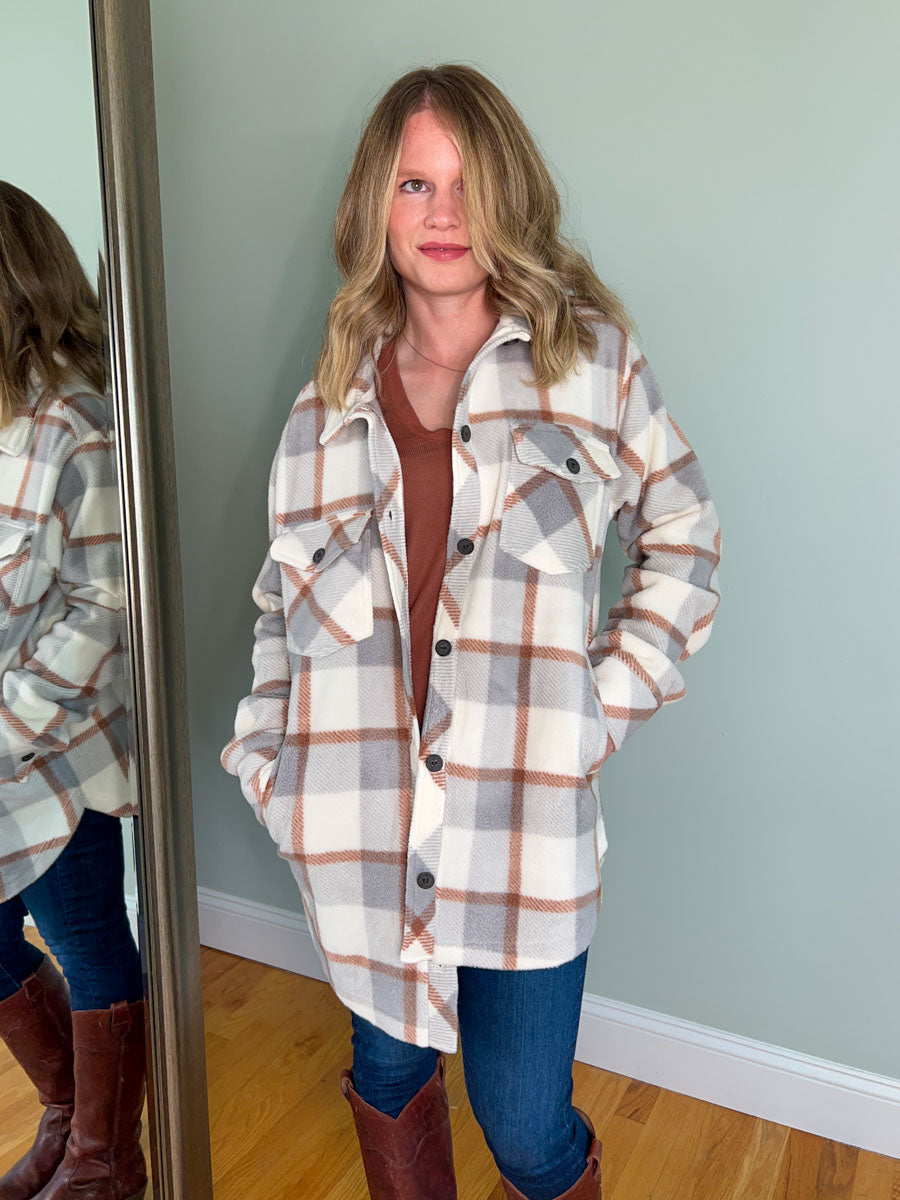 Thread and Supply Tullis Jacket - Grey and Copper Plaid | Women's Fleece Shacket
