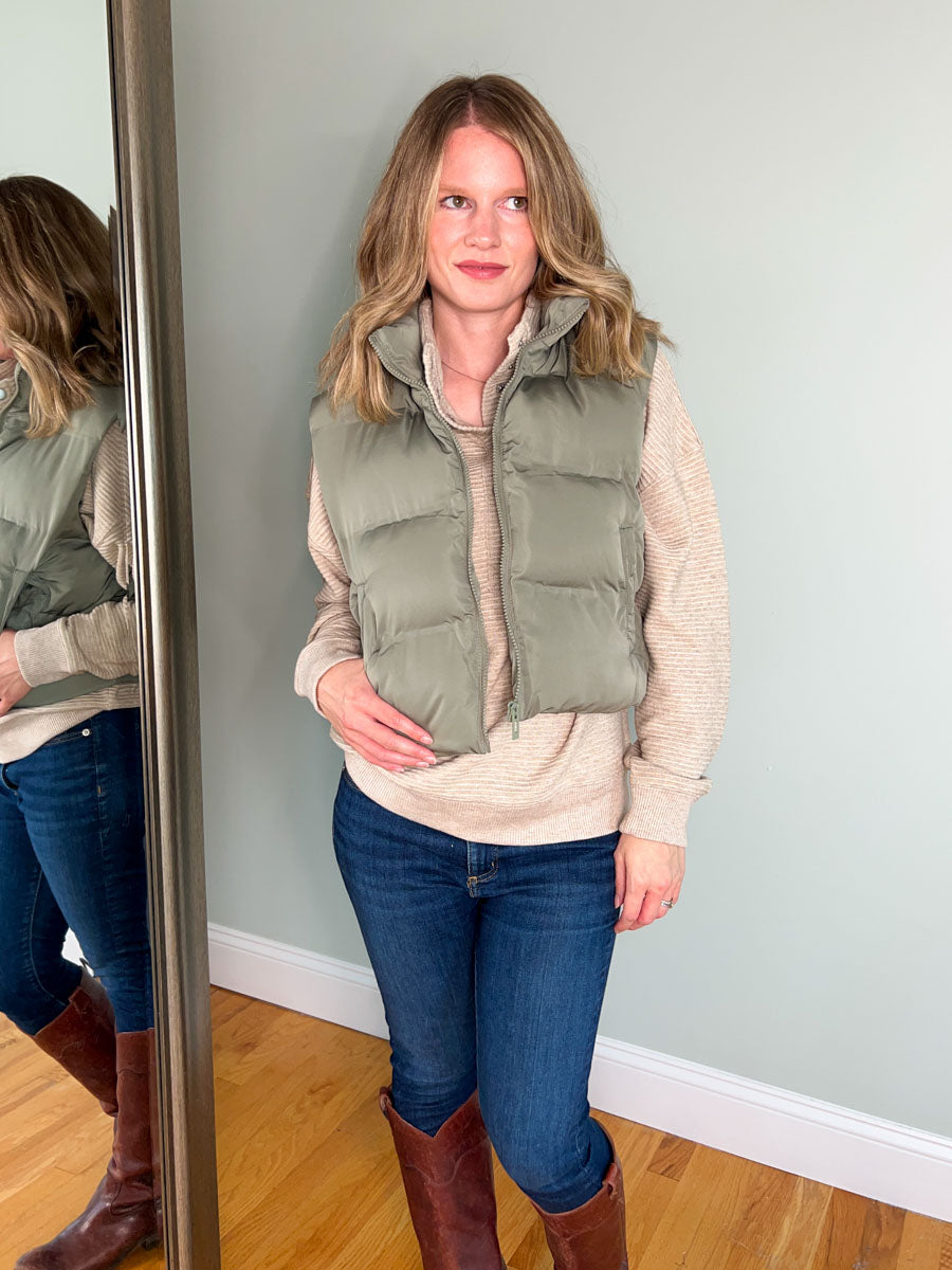 Thread and Supply Issey Vest in Olive Green | Women's Puffer Vest | Cropped Vest 