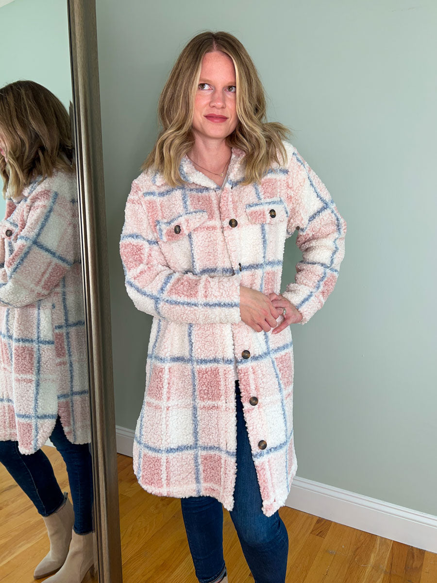 Long Plaid Sherpa Shacket in Pink and Blue