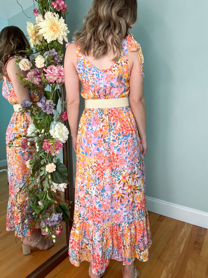 Multi Color Tiered Floral Midi Dress