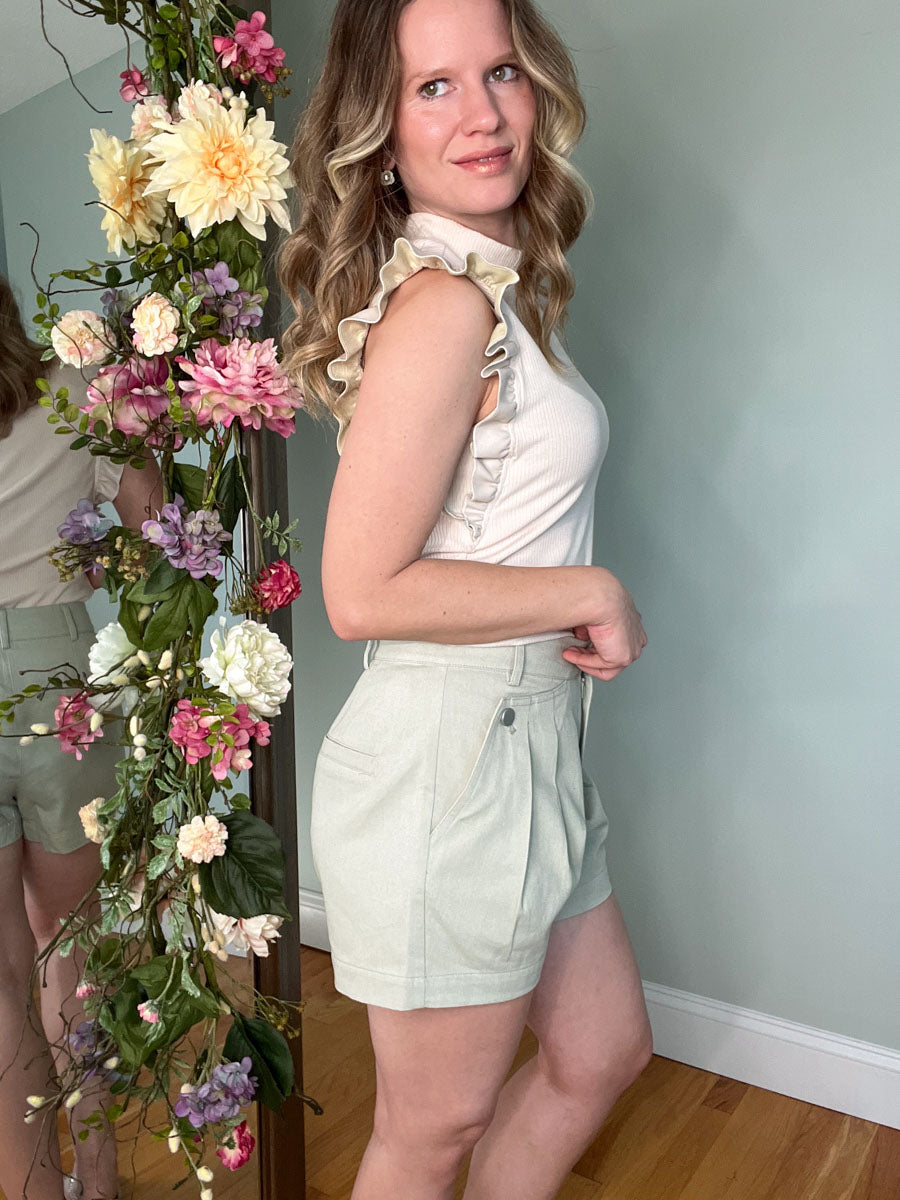 Penny Sage Green Pleat Front Shorts