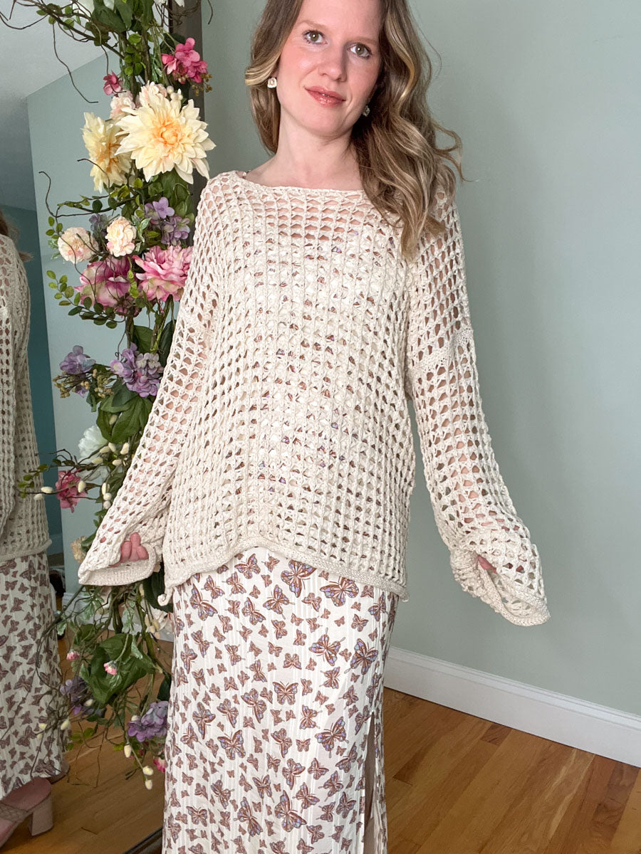 Sabrina Sheer Open Knit Crochet Pullover in Natural