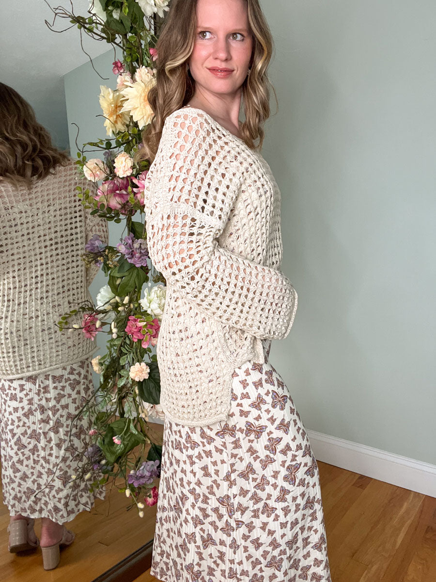 Sabrina Sheer Open Knit Crochet Pullover in Natural