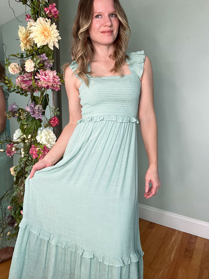 Sage Green Flutter Sleeve Smocked Midi Dress with Tiered Skirt