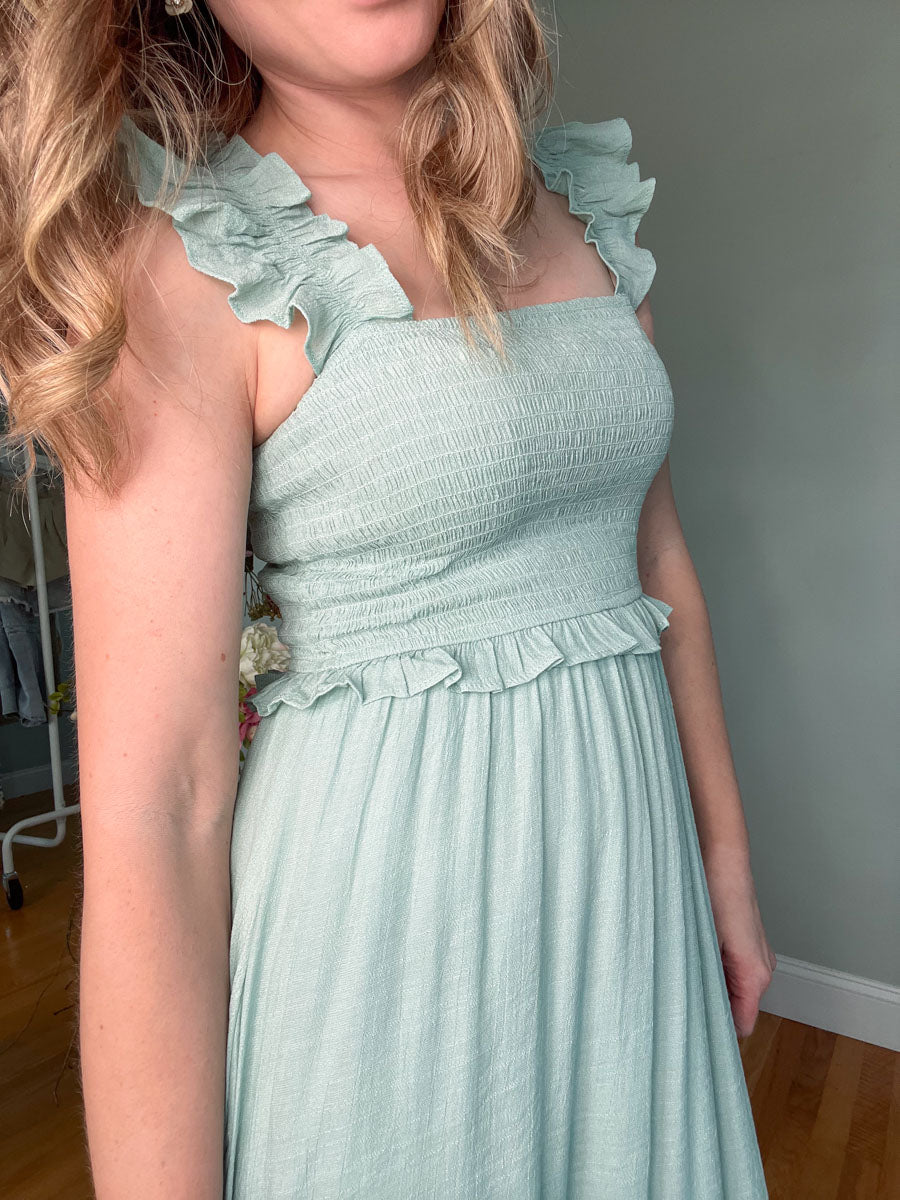 Sage Green Flutter Sleeve Smocked Midi Dress with Tiered Skirt