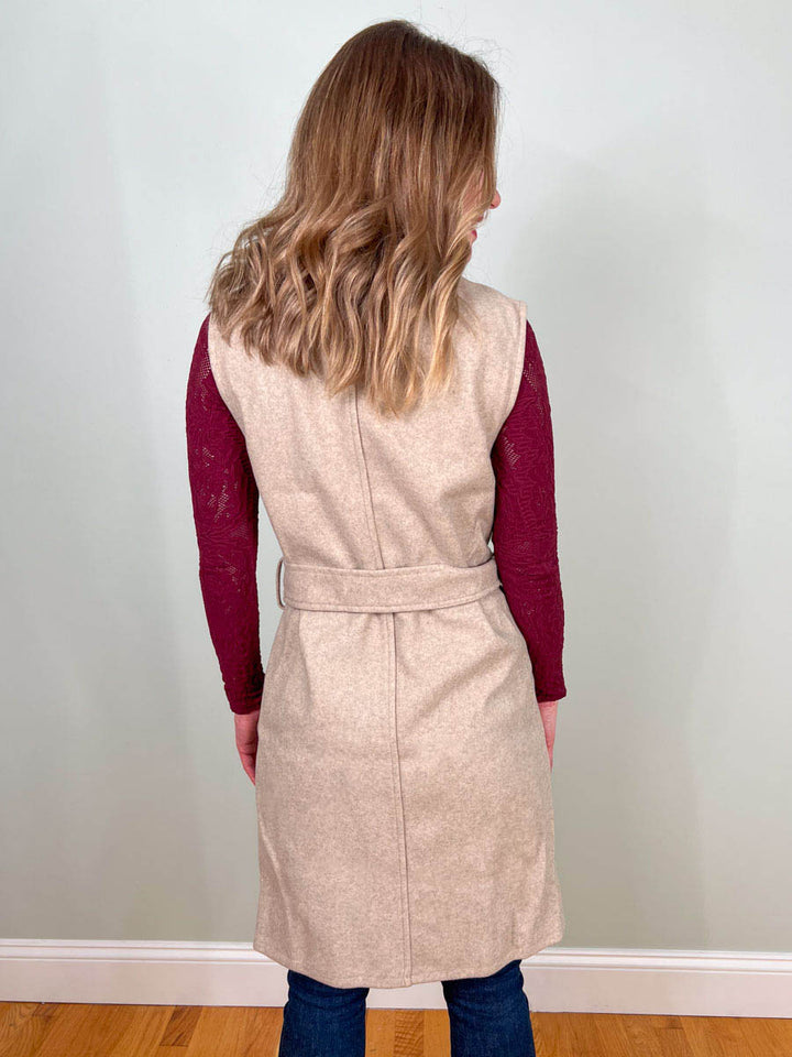 Sleeveless vest coat with belted waist