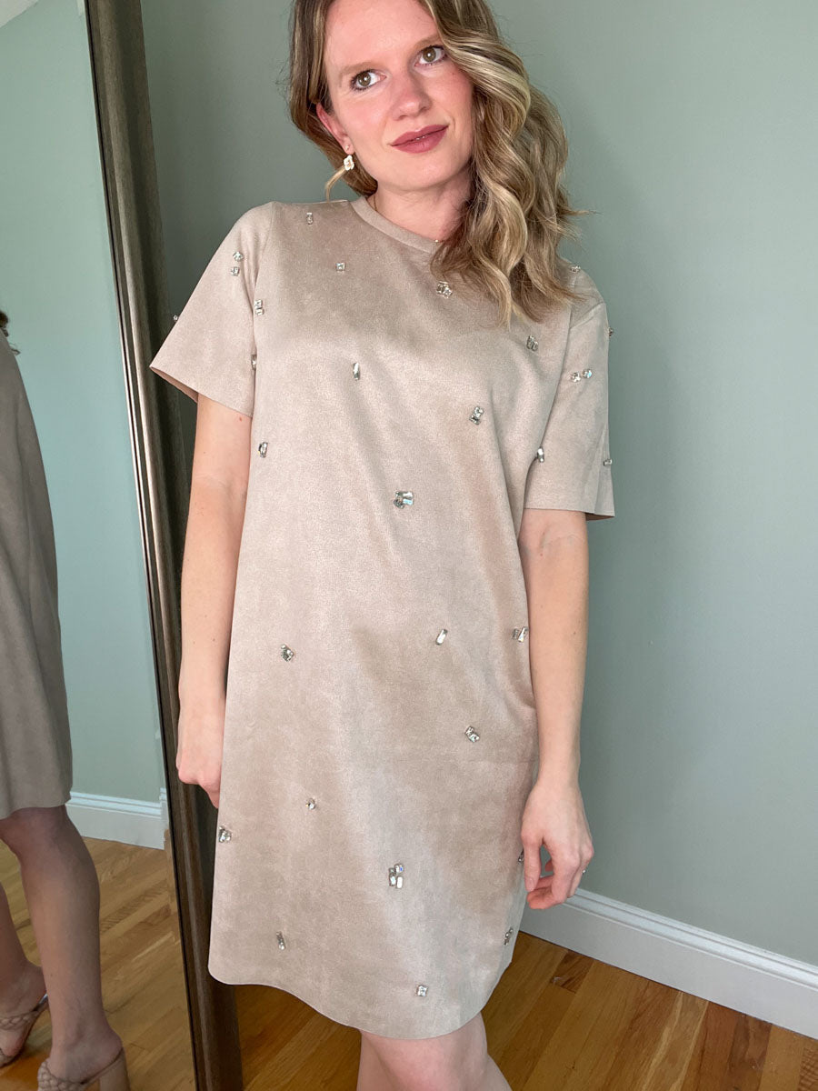 Faux Suede Rhinestone Shift Dress in Taupe