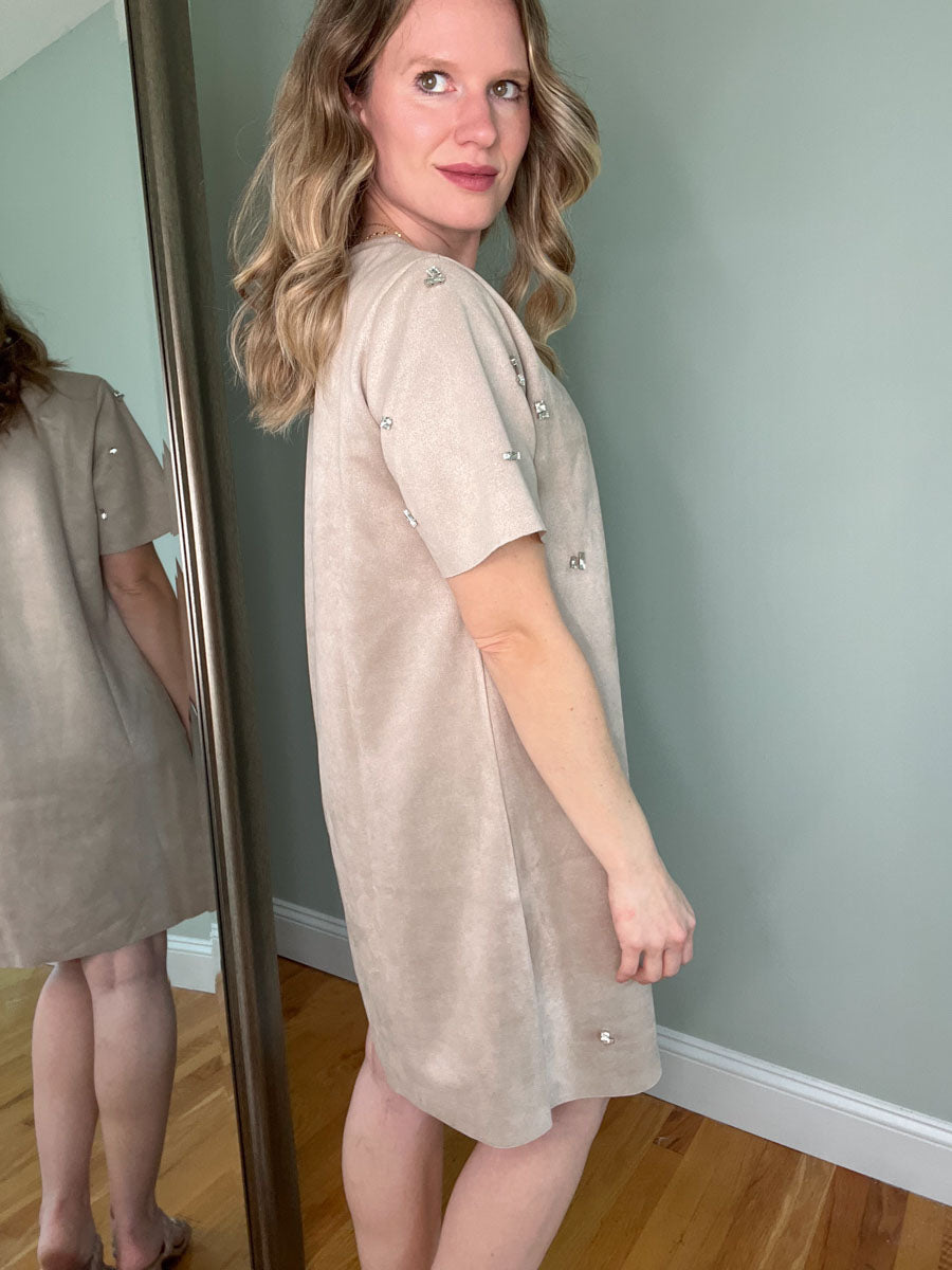 Faux Suede Rhinestone Shift Dress in Taupe