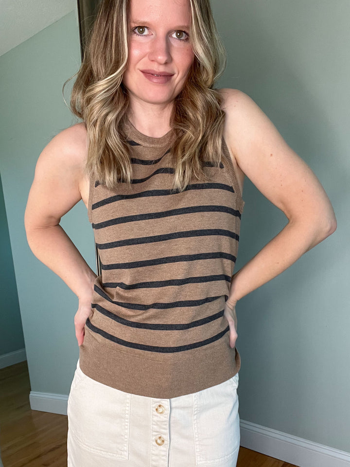 Thread and Supply Elsa Tank Tan and Charcoal | Sleeveless Striped Tank Top