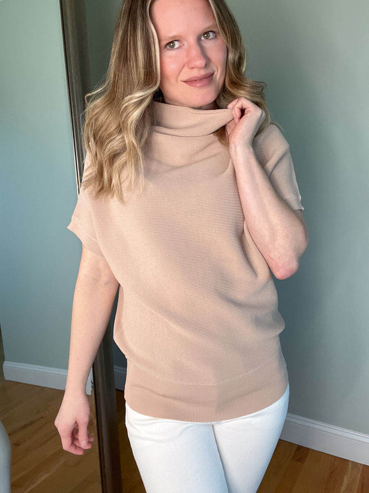 Short Sleeve Dolman Sweater with Slouchy Neck in Sand