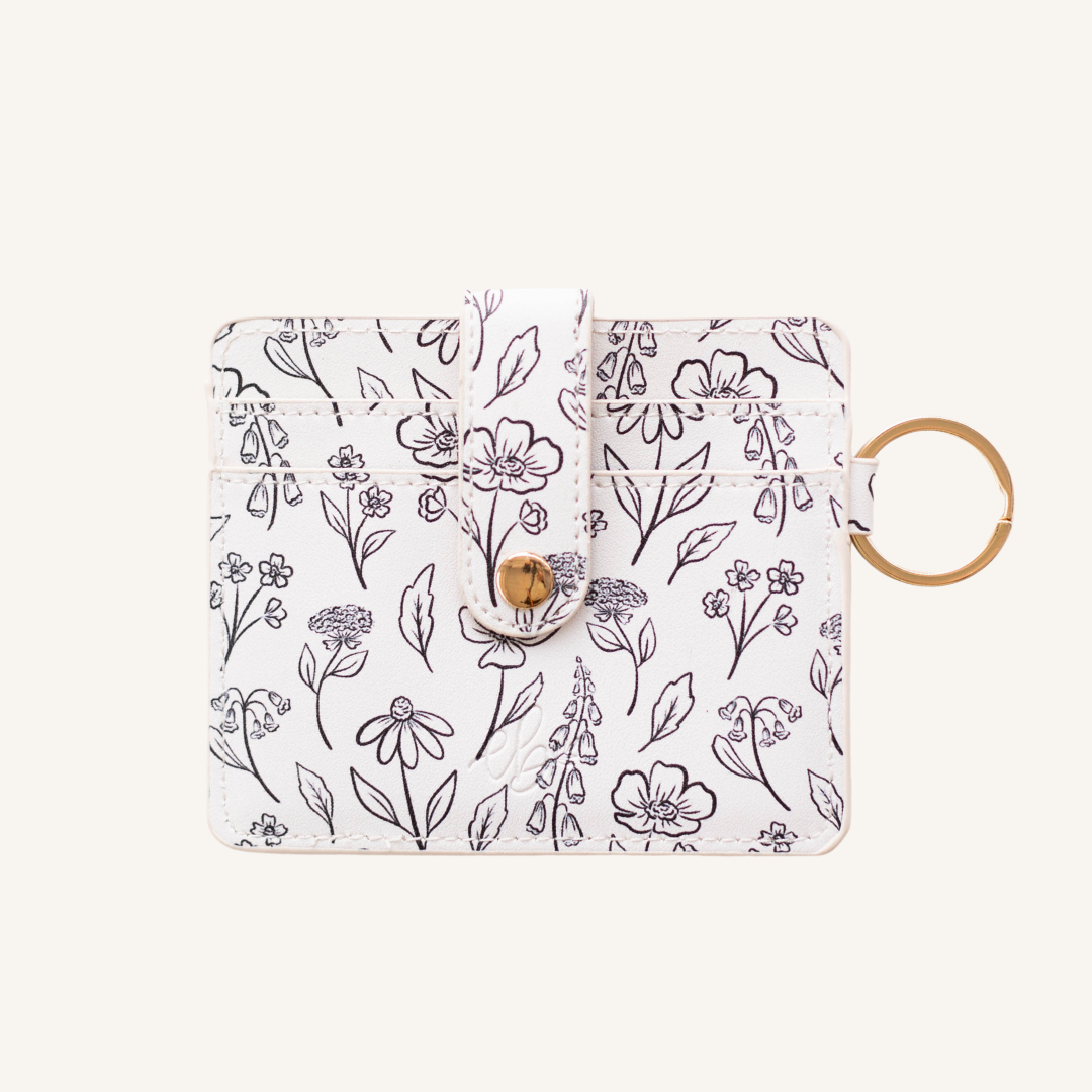 Pressed Black and White Floral Keychain Wallet