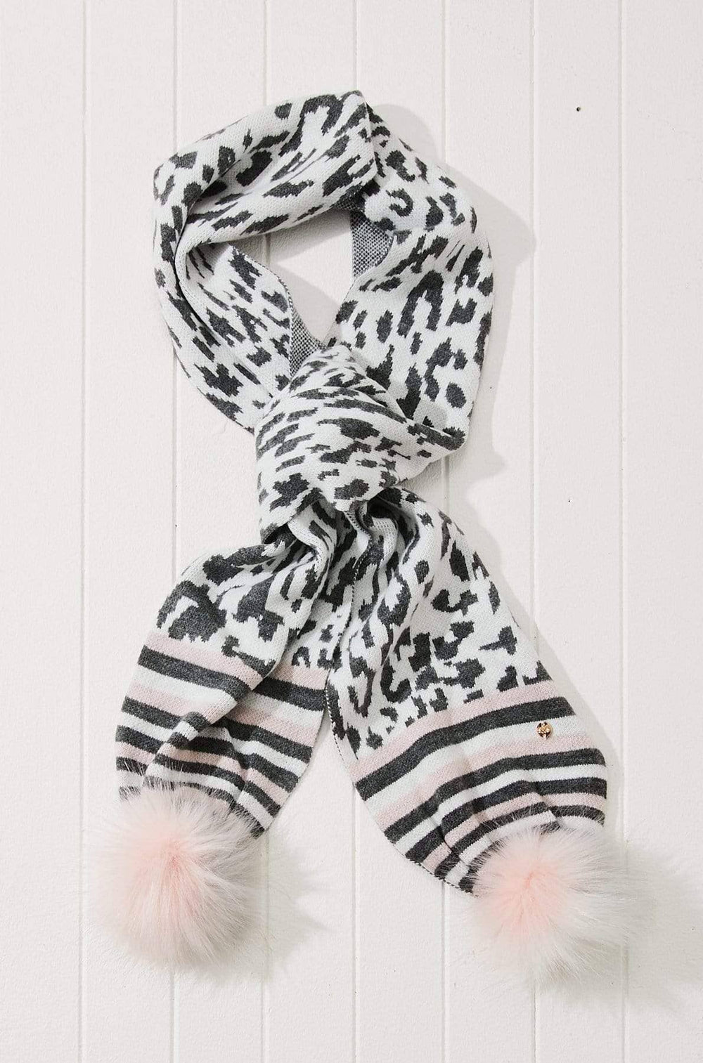 Grey, Pink, and White, Leopard Print Beanie with Fur Pom Poms