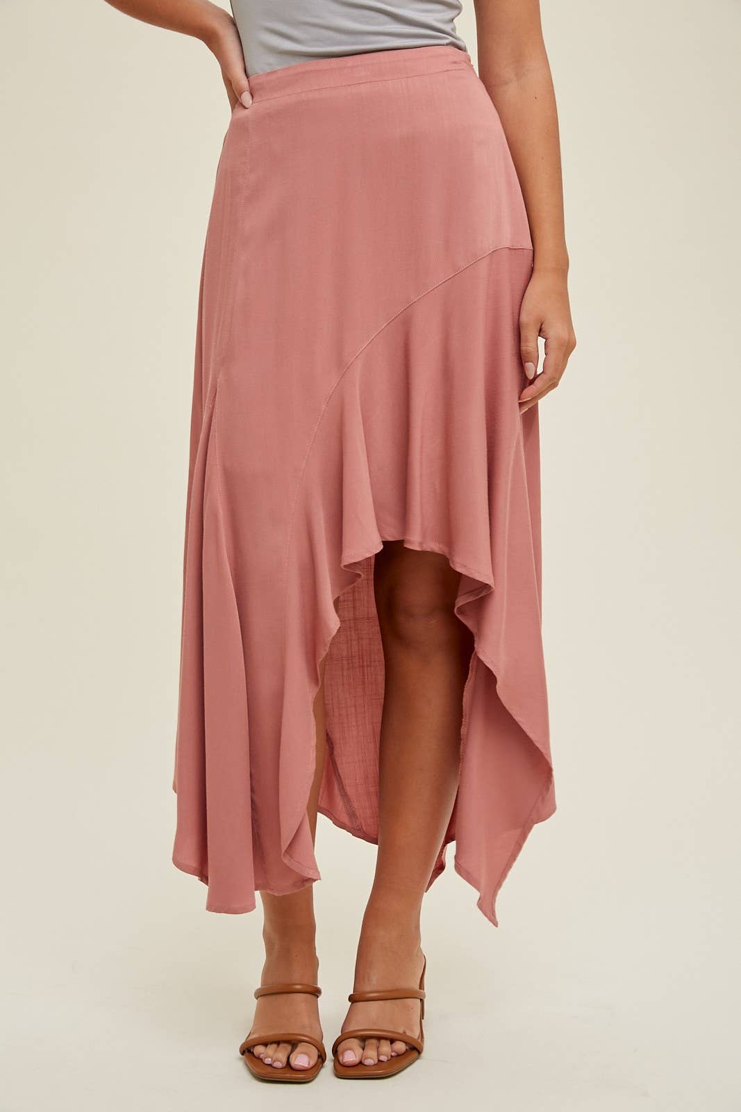 Rose Pink Asymmetrical High Low Midi Skirt with Ruffle Hem