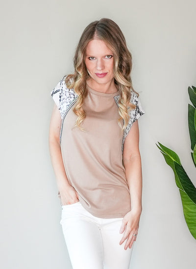 Mixed Media Animal Print Tee in Taupe