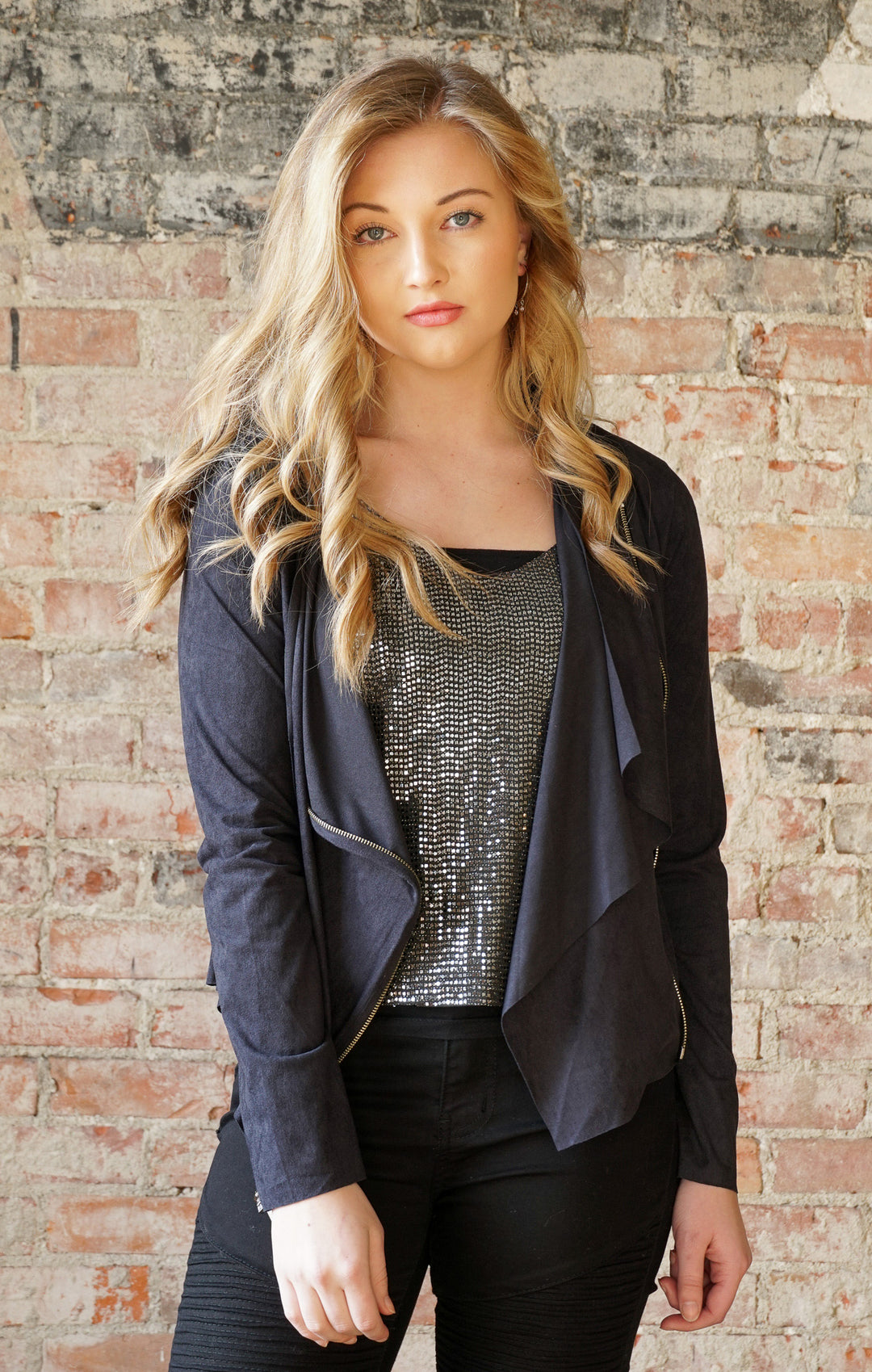 Black Sequin Cami Tank Top with Asymmetrical Jacket Outfit