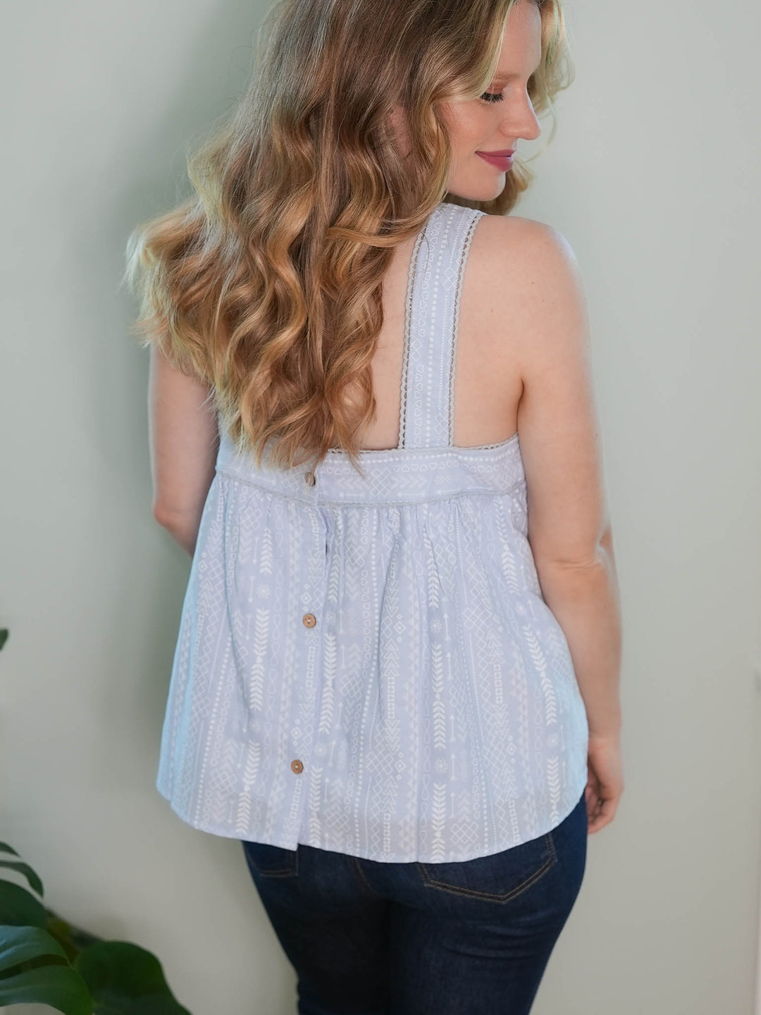 Blue Geometric Print Tank Top with Back Buttons
