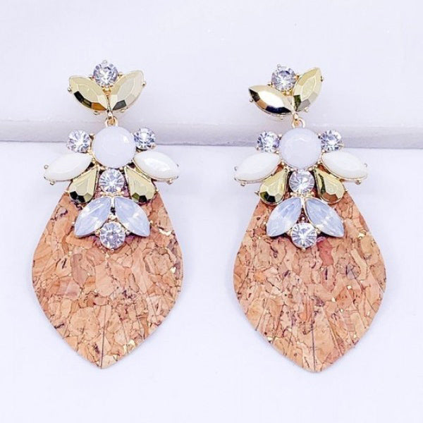 Cork Feather Statement Earrings with Crystal Detail