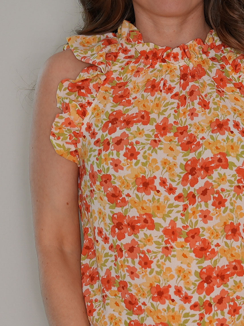 Bright Orange and Yellow Floral Tank Top with Ruffle Sleeves and Collar