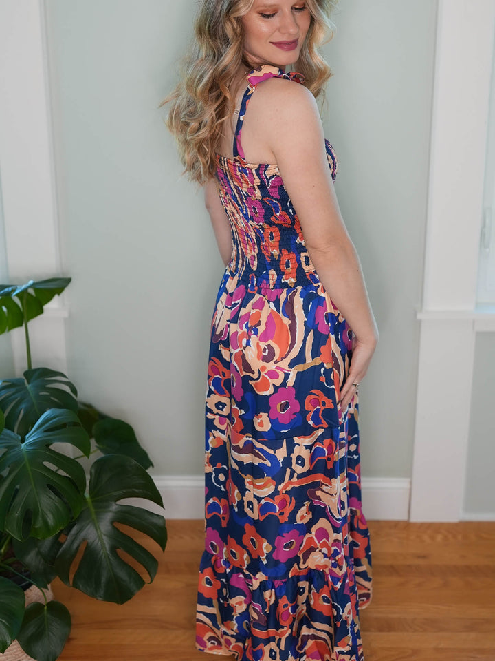 Bright Floral Print Midi Dress with Tie Straps and Smocking