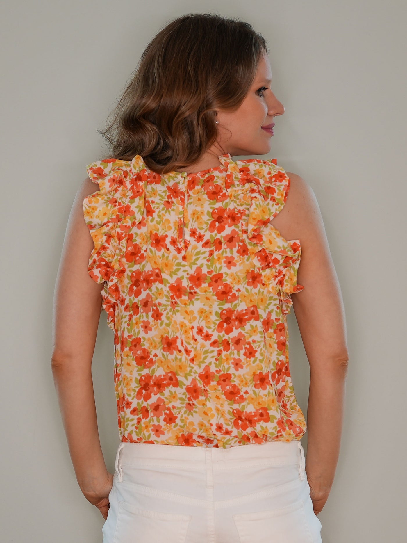 Bright Floral Tank Top with Ruffle Sleeves and Collar - Back