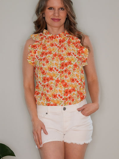 Bright Floral Tank Top with Ruffle Sleeves and Collar