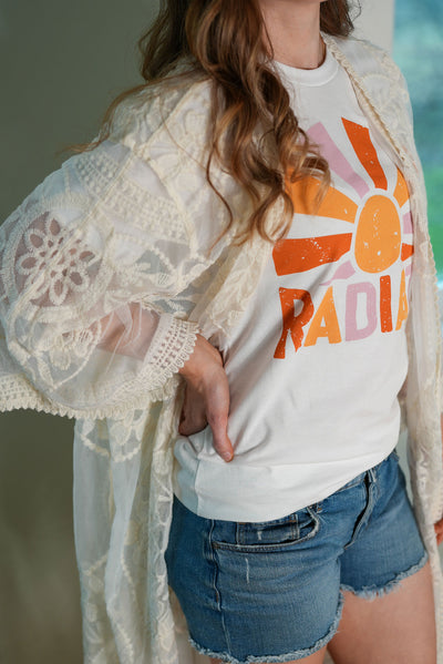 Floral Lace Kimono and Graphic T-shirt Outfit