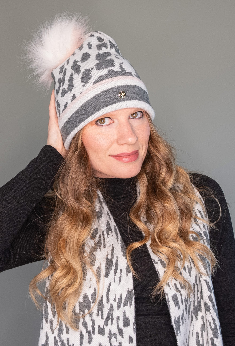 Grey, Pink, and White, Leopard Print Beanie with Pom