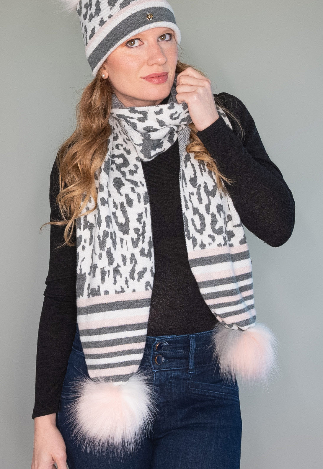Grey, Pink, and White, Leopard Print Scarf with Pom Poms