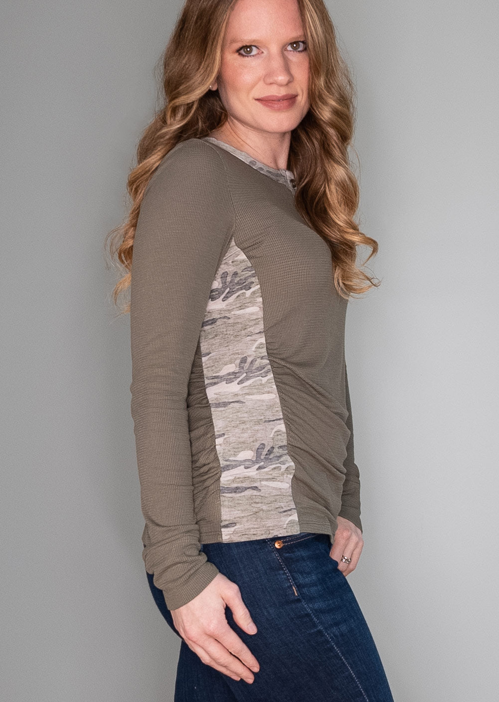 Olive Green Long Sleeve Camo Henley Top