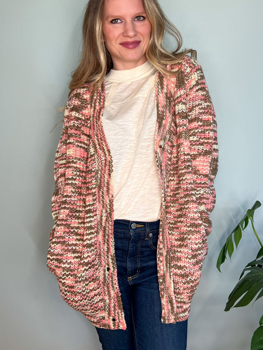 Brown, pink and Ivory Boyfriend Cardigan Sweater