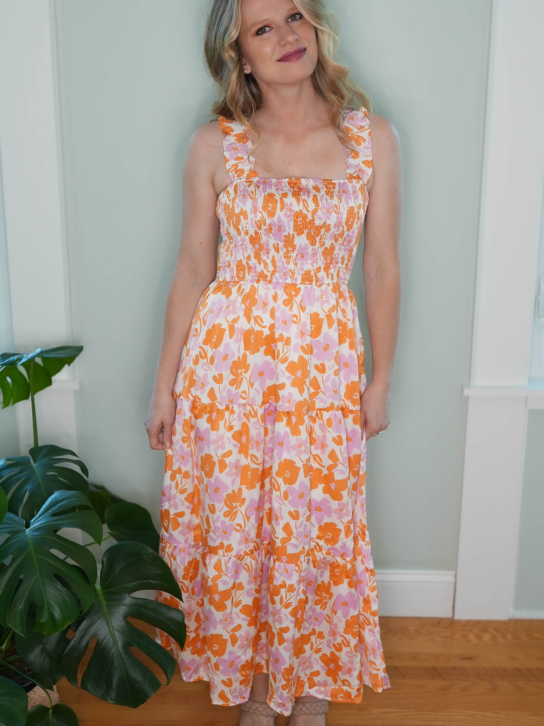 Smocked Floral Dress with Orange and Pink Flowers
