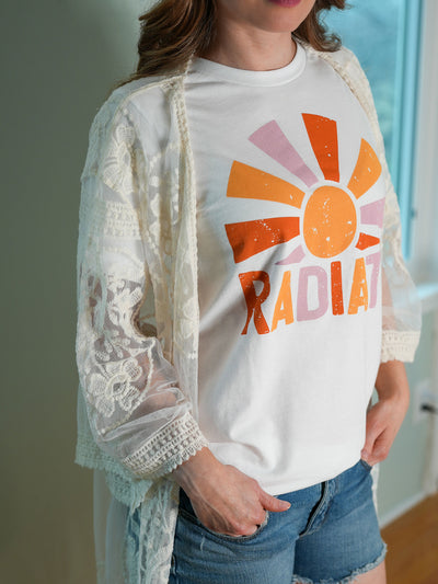 Radiate Christian T-shirt with Sunburst Graphic and Floral Lace Kimono