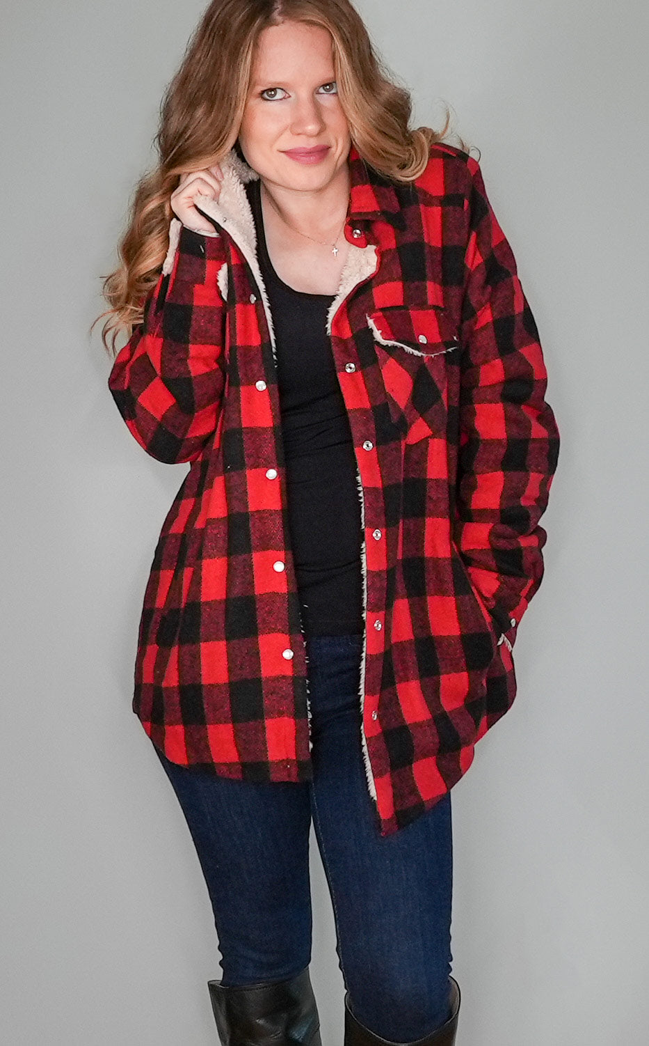 Red and Black Buffalo Plaid Shacket with Sherpa Lining