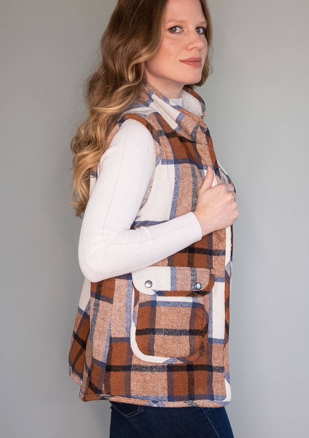 Brown Plaid Reversible Vest with Sherpa Lining and Pockets