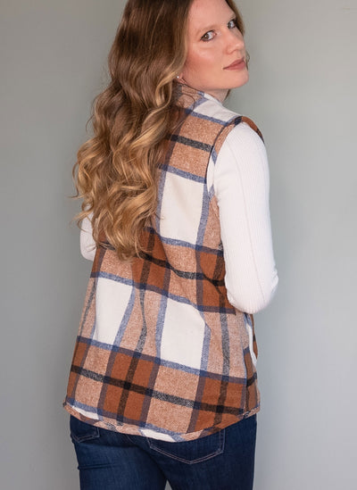 Brown Plaid Reversible Vest with Sherpa Lining - Back