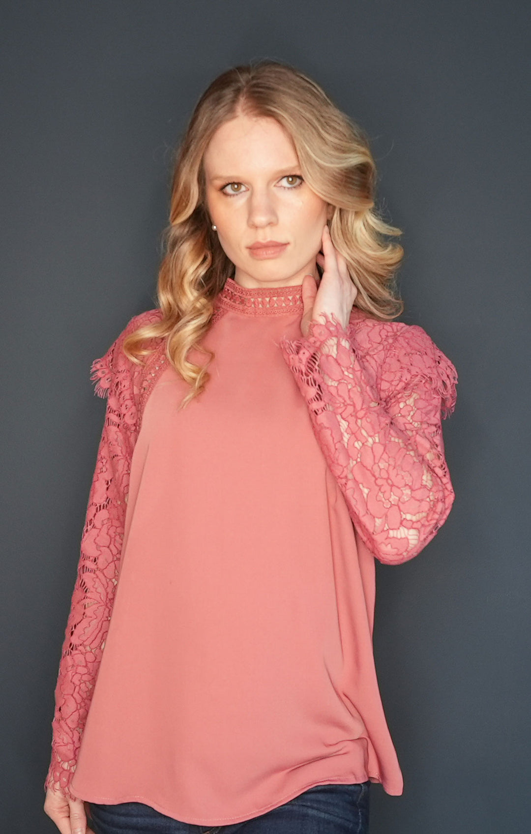 Rose Pink Vintage Blouse with Long Lace Sleeves and Mock Neck