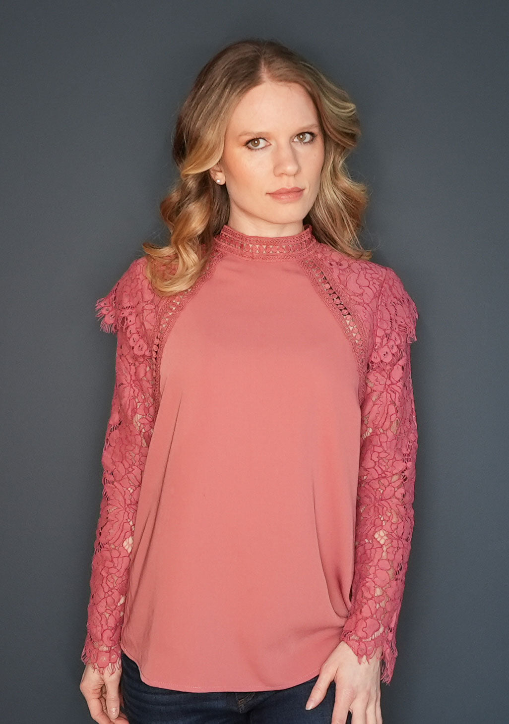 Rose Pink Blouse with Mock Neck and Long Lace Sleeves