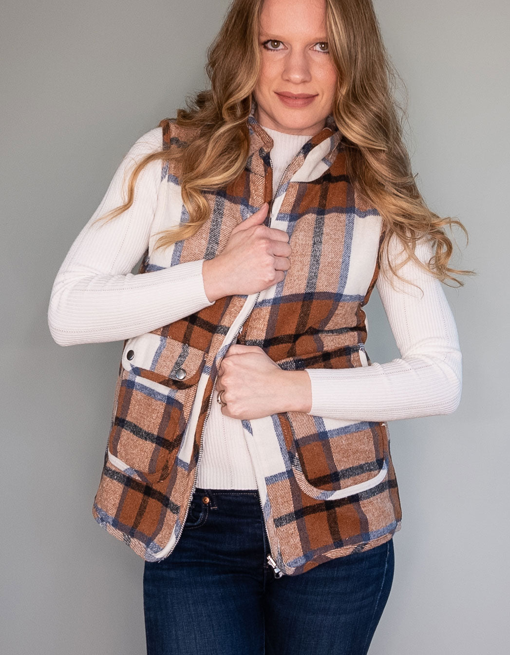 Brown Plaid Reversible Vest with Sherpa Lining and Pockets
